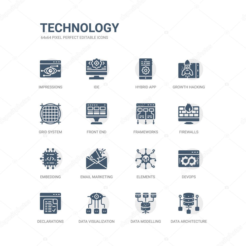 simple set of icons such as data architecture, data modelling, data visualization, declarations, devops, elements, email marketing, embedding, firewalls, frameworks. related technology icons