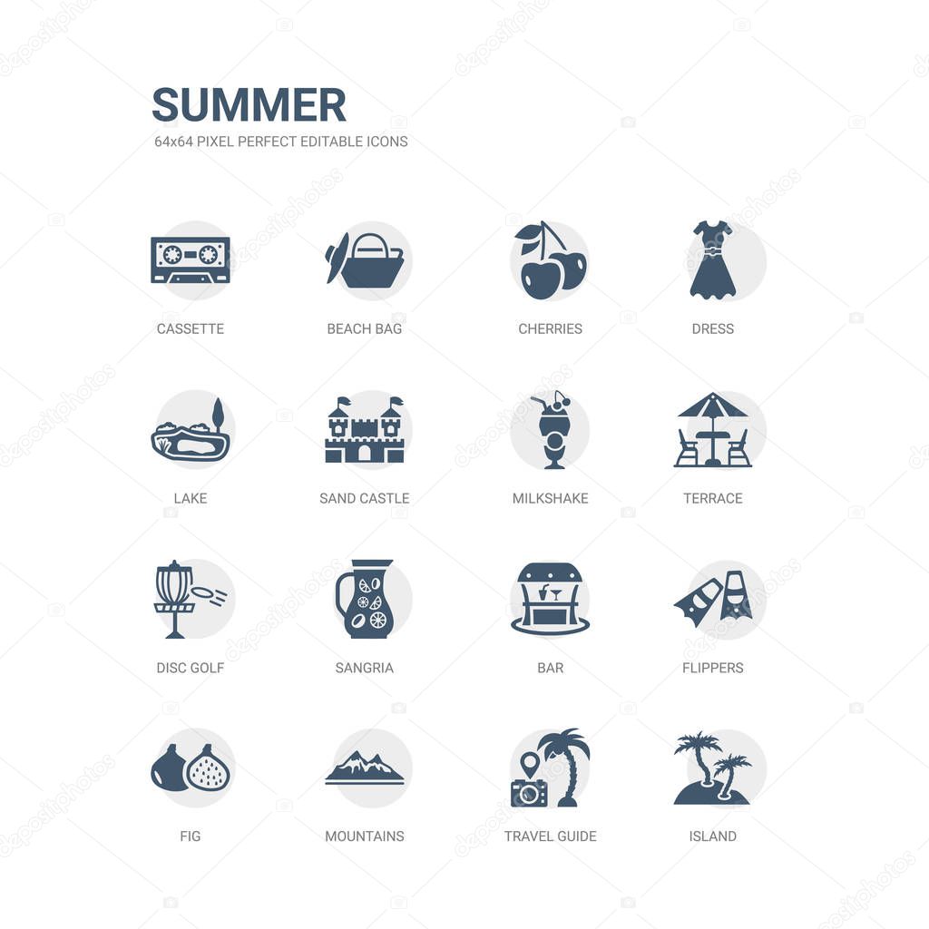 simple set of icons such as island, travel guide, mountains, fig, flippers, bar, sangria, disc golf, terrace, milkshake. related summer icons collection. editable 64x64 pixel perfect.
