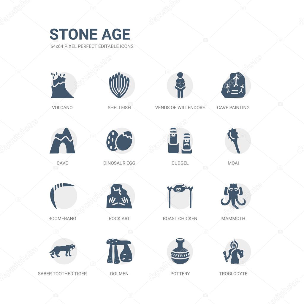 Simple set of icons such as troglodyte, pottery, dolmen, saber toothed tiger, mammoth, roast chicken, rock art, boomerang, moai, cudgel. related stone age icons collection. editable 64x64 pixel
