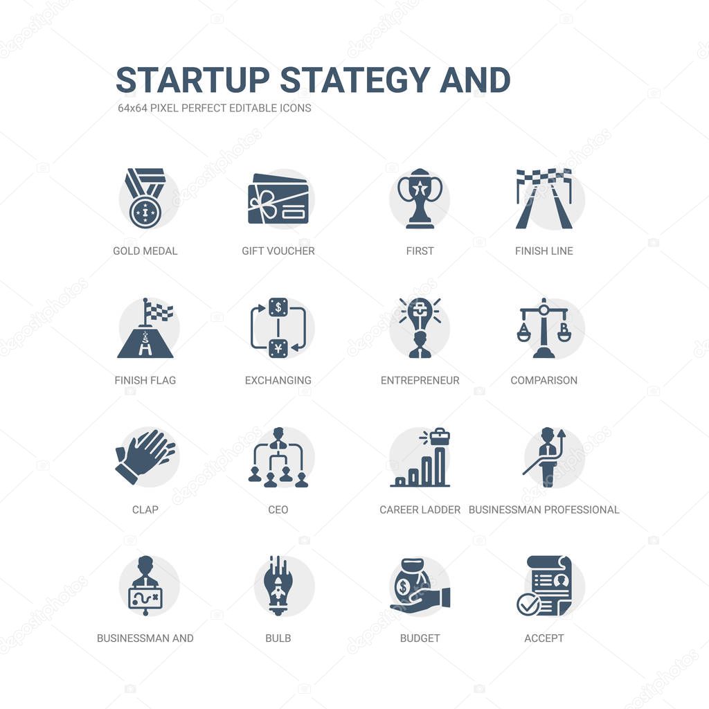 simple set of icons such as accept, budget, bulb, businessman and strategy, businessman professional, career ladder, ceo, clap, comparison, entrepreneur. related startup stategy and icons