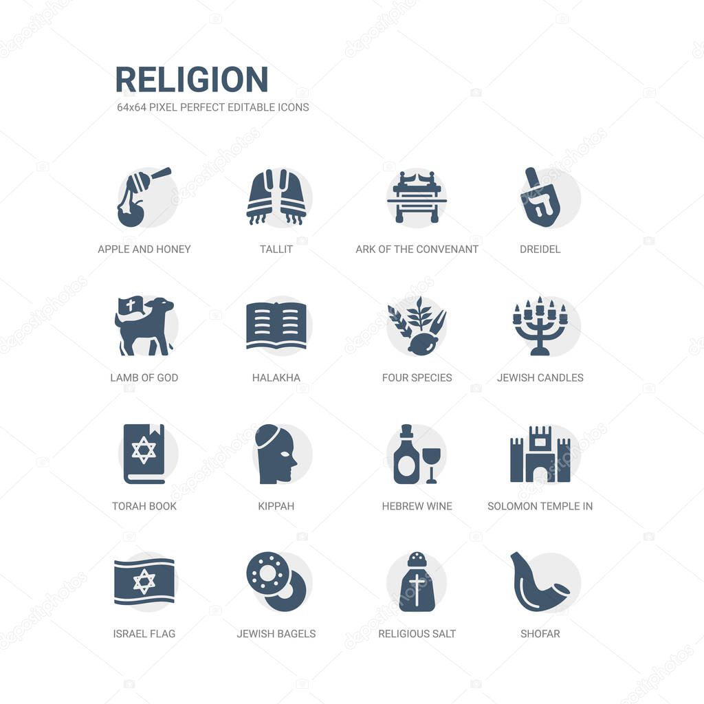 simple set of icons such as shofar, religious salt, jewish bagels, israel flag, solomon temple in jerusalem, hebrew wine, kippah, torah book, jewish candles, four species. related religion icons