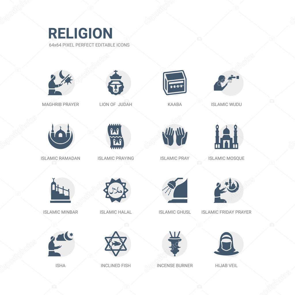 Simple set of icons such as hijab veil, incense burner, inclined fish, isha, islamic friday prayer, islamic ghusl, islamic halal, minbar, mosque, pray. related religion icons collection. editable