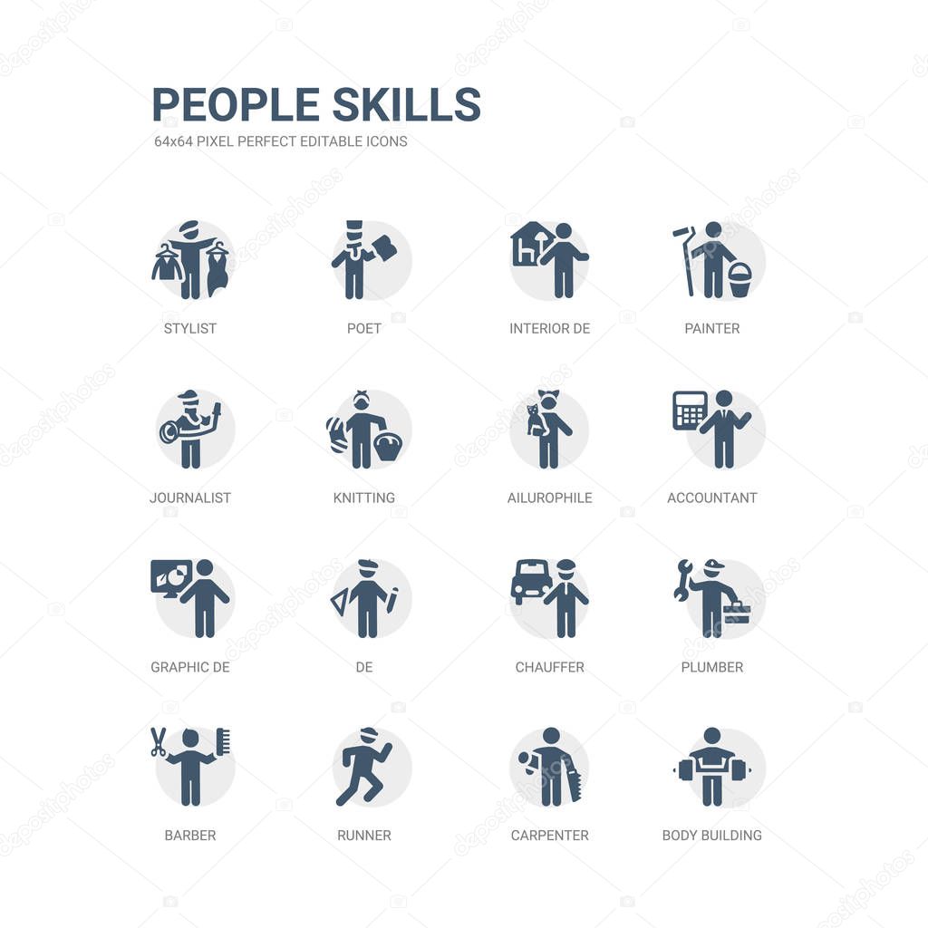 simple set of icons such as body building, carpenter, runner, barber, plumber, chauffer, de, graphic de, accountant, ailurophile. related people skills icons collection. editable 64x64 pixel