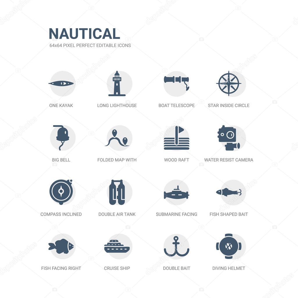 simple set of icons such as diving helmet, double bait, cruise ship, fish facing right, fish shaped bait, submarine facing right, double air tank, compass inclined, water resist camera, wood raft.