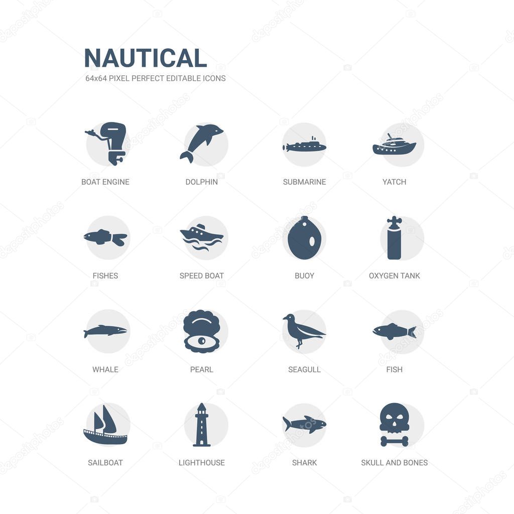 simple set of icons such as skull and bones, shark, lighthouse, sailboat, fish, seagull, pearl, whale, oxygen tank, buoy. related nautical icons collection. editable 64x64 pixel perfect.