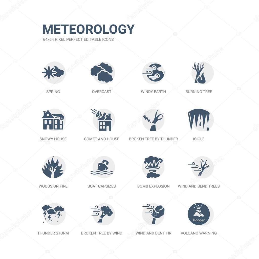 simple set of icons such as volcano warning, wind and bent fir, broken tree by wind, thunder storm, wind and bend trees, bomb explosion, boat capsizes, woods on fire, icicle, broken tree by thunder.