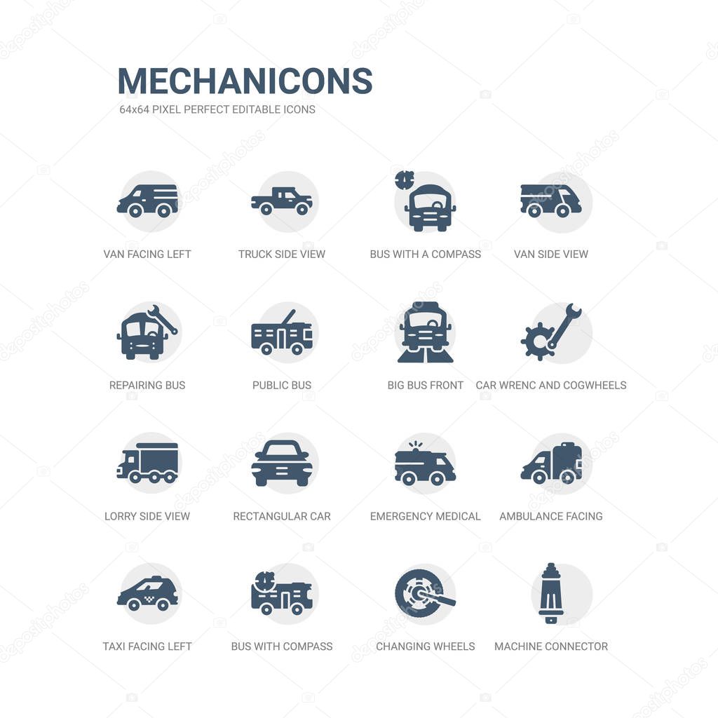 simple set of icons such as machine connector plug, changing wheels tool, bus with compass, taxi facing left, ambulance facing left, emergency medical vehicle, rectangular car front, lorry side