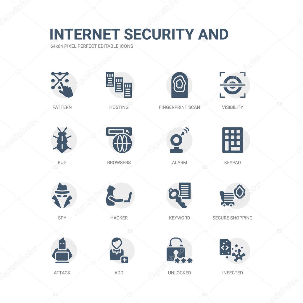 simple set of icons such as infected, unlocked, add, attack, secure shopping, keyword, hacker, spy, keypad, alarm. related internet security and icons collection. editable 64x64 pixel perfect.