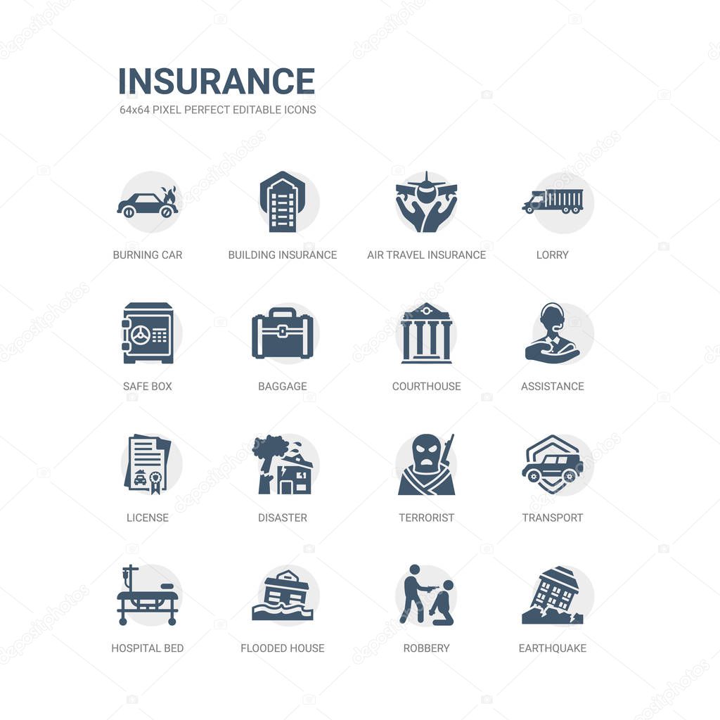 simple set of icons such as earthquake, robbery, flooded house, hospital bed, transport, terrorist, disaster, license, assistance, courthouse. related insurance icons collection. editable 64x64