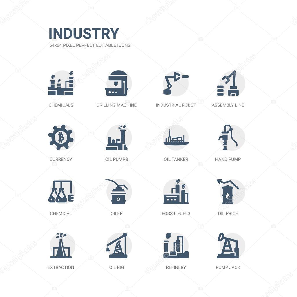 simple set of icons such as pump jack, refinery, oil rig, extraction, oil price, fossil fuels, oiler, chemical, hand pump, oil tanker. related industry icons collection. editable 64x64 pixel