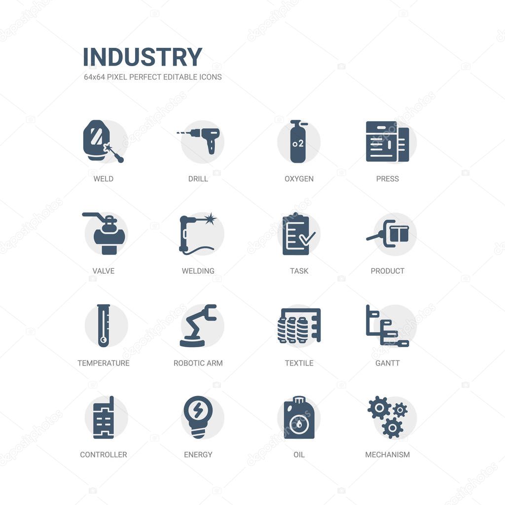simple set of icons such as mechanism, oil, energy, controller, gantt, textile, robotic arm, temperature, product, task. related industry icons collection. editable 64x64 pixel perfect.