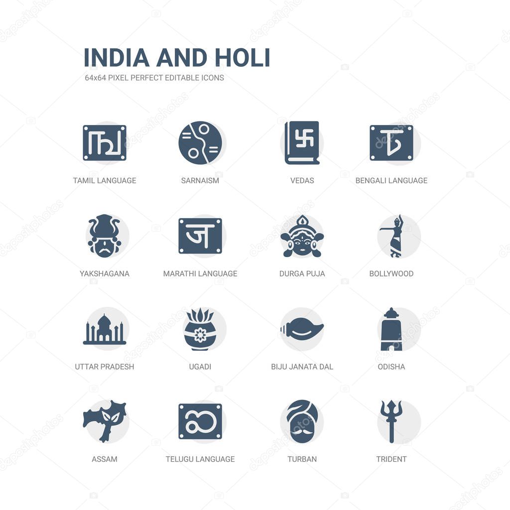 simple set of icons such as trident, turban, telugu language, assam, odisha, biju janata dal, ugadi, uttar pradesh, bollywood, durga puja. related india and holi icons collection. editable 64x64