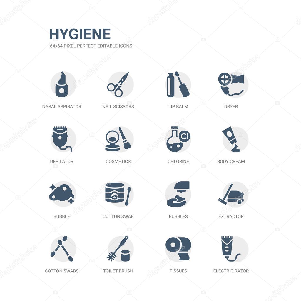 simple set of icons such as electric razor, tissues, toilet brush, cotton swabs, extractor, bubbles, cotton swab, bubble, body cream, chlorine. related hygiene icons collection. editable 64x64 pixel