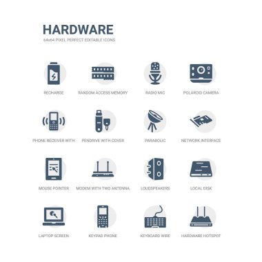 Basit simgeler kümesi gibi donanım hotspot, klavye tel, tuş takımı telefon, laptop perde, yerel disk, hoparlörler, modem ile iki anten, fare işaretçisini, ağ arabirim kartı, parabolik. ile ilgili