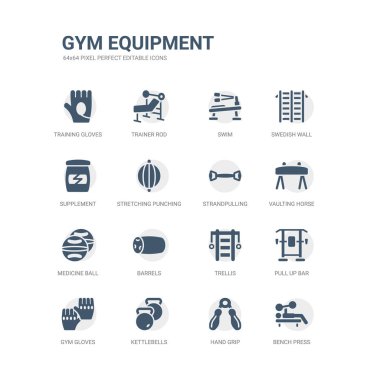 simgeler bench press, el kavrama, kettlebells, spor salonu eldiven, gibi basit set Yüksel bar, kafes, varil, sağlık topu, atlama at, strandpulling. ilgili spor salonu ekipman Icons collection.