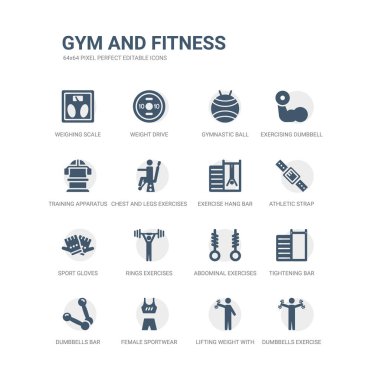 Basit simgeler kümesi halter egzersiz gibi egzersizleri, yüzük sağ kol, kadın eşofman, bar bar, karın egzersizleri, sıkma dambıl halter spor eldivenler, atletik kayış,