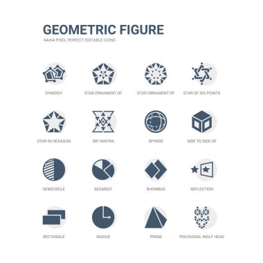poligonal kurt kafası, prizma, RADIUS, dikdörtgen, yansıma, rhombus, segment, yarım daire, bir küp, yan yana gibi simgeleri basit bir set küre. ilgili geometrik figür Icons collection.