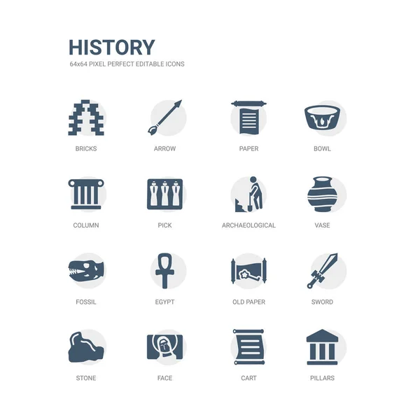 Conjunto simple de iconos como pilares, carro, cara, piedra, espada, papel viejo, egipto, fósil, jarrón, arqueológico. colección de iconos de historia relacionados. editable 64x64 píxeles perfecto . — Vector de stock
