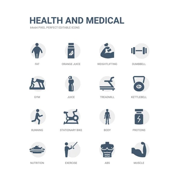 简单的图标集, 如肌肉、腹肌、运动、营养、蛋白质、身体、固定自行车、跑步、壶铃、跑步机。相关的健康和医疗图标收集。可编辑64x64 像素 — 图库矢量图片