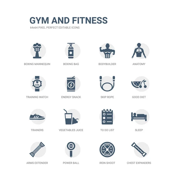 Simple set of icons such as chest expanders, iron shoot, power ball, arms extender, sleep, to do list, vegetables juice, trainers, good diet, skip rope. related gym and fitness icons collection. — Stock Vector