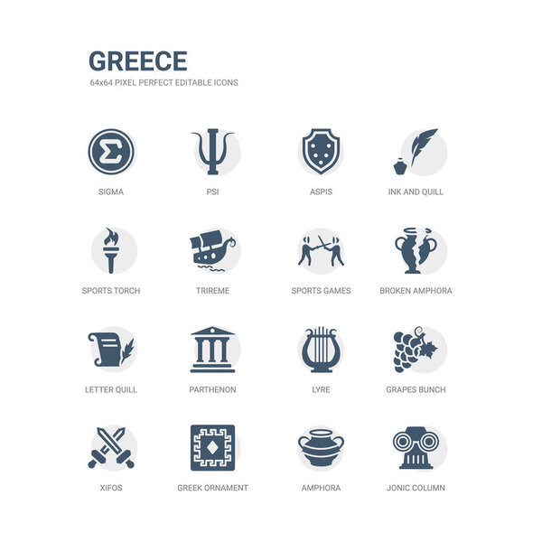simple set of icons such as jonic column, amphora, greek ornament, xifos, grapes bunch, lyre, parthenon, letter quill, broken amphora, sports games. related greece icons collection. editable 64x64