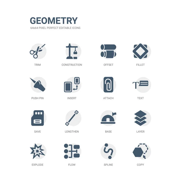 Conjunto simples de ícones, tais como cópia, spline, fluxo, explodir, camada, base, alongar, salvar, texto, anexar. coleção de ícones de geometria relacionados. editável 64x64 pixel perfeito . — Vetor de Stock