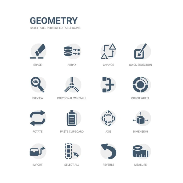Conjunto simples de ícones, tais como medir, reverter, selecionar todos, importação, dimensão, eixo, colar área de transferência, girar, roda de cores,. coleção de ícones de geometria relacionados. editável 64x64 pixel perfeito . — Vetor de Stock