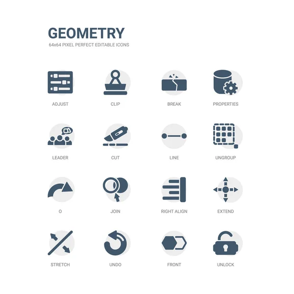 Conjunto simples de ícones como desbloquear, frente, desfazer, esticar, estender, alinhar à direita, juntar, o, desagrupar, linha. coleção de ícones de geometria relacionados. editável 64x64 pixel perfeito . — Vetor de Stock