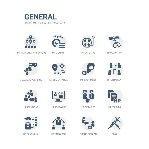 Eenvoudige set van iconen zoals GGO, groep advies, hr manager, hr planning, hr-beleid, diensten, software, oplossingen, strategie, beschuldiging. bijbehorende algemene pictogrammen collectie. bewerkbare 64 x 64 pixel — Stockvector