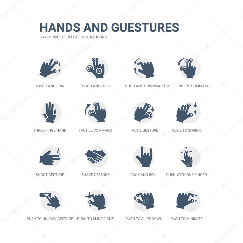 simple set of icons such as push to minimize gesture, push to slide down, push to slide right and left gesture, unlock gesture, with one finger slide, rock and roll, shake shoot shrink, tactil