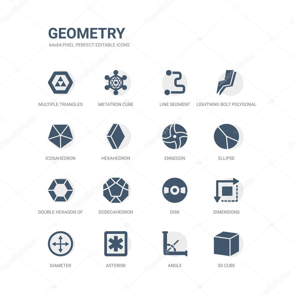 simple set of icons such as 3d cube, angle, asterisk, diameter, dimensions, disk, dodecahedron, double hexagon of small triangles, ellipse, ennegon. related geometry icons collection. editable 64x64