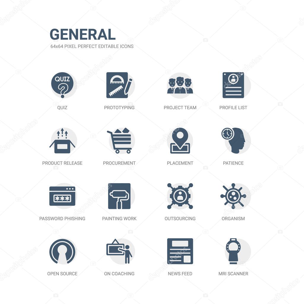 simple set of icons such as mri scanner, news feed, on coaching, open source, organism, outsourcing, painting work, password phishing, patience, placement. related general icons collection. editable