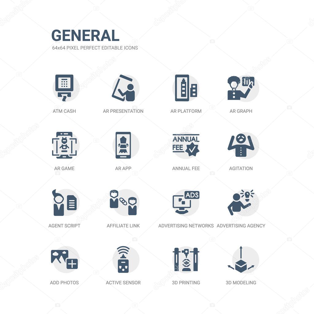 simple set of icons such as 3d modeling, 3d printing, active sensor, add photos, advertising agency, advertising networks, affiliate link, agent script, agitation, annual fee. related general icons
