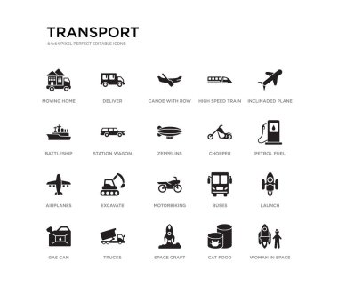 Uzay, Fırlatma, benzinli yakıt, inclinaded uçak, kedi maması, uzay zanaat, savaş gemisi, yüksek hızlı tren, satır ile Kano, teslim kadın gibi 20 siyah dolu vektör simgeleri ayarlayın. siyah simgeler taşıma