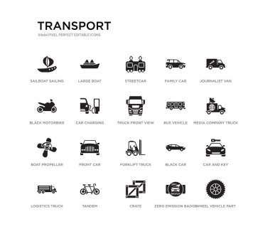 tekerlekli araç parçası, araba ve anahtar, uydu, gazeteci Van, sıfır emisyon rozeti, sandık, siyah motosiklet, aile arabası, tramvay ile medya şirketi kamyon gibi 20 siyah dolu vektör simgeleri seti,
