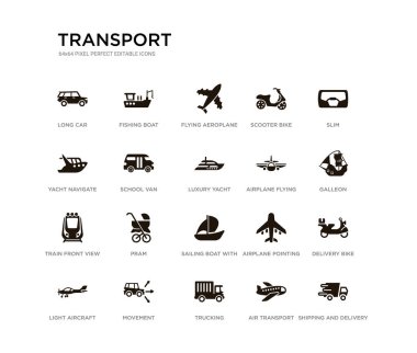 20 siyah dolu vektör simgeleri gibi sevkiyat ve teslimat, teslimat bisiklet, Galleon, ince, hava taşımacılığı, kamyon, yat gezinmek, scooter bisiklet, uçan uçak üst görünüm, Balıkçılık Tekne seti.