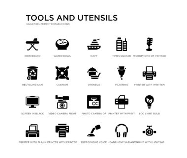 20 siyah dolu vektör simgeleri gibi aydınlatma cıvata ile motor gibi set, Eko ampul, yazılı kağıt ile yazıcı, Vintage de mikrofon, kulaklık varyant, mikrofon ses Aracı, geri dönüşüm olabilir,