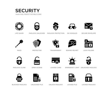 kilitli asma kilit, kilit klasörü, güvenli zarf, kilitli dosya, asma kilit, topuz, Kayak Gözlükleri, koruma aktif, kilidi kilidi gibi 20 siyah dolu vektör simgeleri seti. Güvenlik