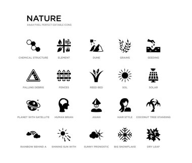 set of 20 black filled vector icons such as dry leaf, coconut tree standing, solar, seeding, big snowflake, sunny pronostic, falling debris, grains, dune, element. nature black icons collection. clipart