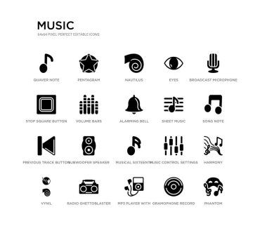 Phantom, Harmony, şarkı notu, yayın mikrofon, gramofon kayıt, kulaklık ile MP3 çalar, kare düğmesi, gözler, Nautilus, Pentagram durdurmak gibi 20 siyah dolu vektör simgeleri ayarlayın. Müzik