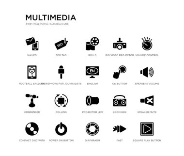 kare oyun düğmesi, hoparlör sessiz, Hoparlörler Ses, ses kontrolü, hızlı, diyafram, futbol balonu, büyük video projektör, rulo, SEO etiketi gibi 20 siyah dolu vektör simgeleri ayarlayın. Multimedya