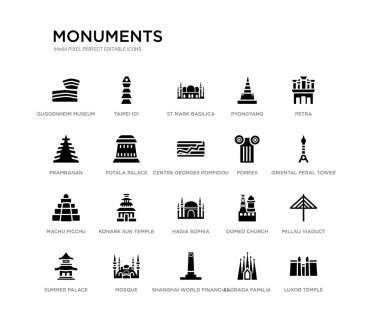 Luxor Temple, Millau viyadükt, oryantal Peral kule, Petra, Sagrada Familia, Şangay Dünya Finans Merkezi, Prambanan, Pyongyang, St Mark bazilikaya gibi 20 siyah dolu vektör simgeleri seti,
