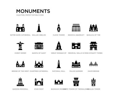 set of 20 black filled vector icons such as giralda tower, zakim bridge, ming dynasty tombs, basilica of the sac heart, white tower of thessaloniki, badshahi mosque, christ eemer, segovia aqueduct, clipart
