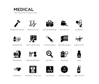 vücut losyonu, ilaç, organ hırsızlığı, eczane, hastane haç, artı çapraz, oksijen maskesi, Doktor kap, Doktor evrak çantası, tıbbi kelepçe gibi 20 siyah dolu vektör simgeleri ayarlayın. Tıbbi siyah simgeler