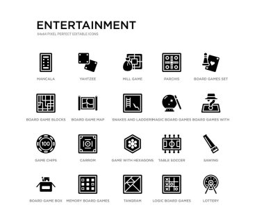 set of 20 black filled vector icons such as lottery, sawing, board games with roles, board games set, logic board games, tangram, game blocks, parchis, mill game, yahtzee. entertainment black icons