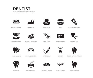 Diş dolum, metal kökü, diş ağrısı, diş macunu Tüp, beyaz dişler, bilgelik diş, overdenture, Oral, oklüzal, Maxilla ile diş gibi 20 siyah dolu vektör simgeleri ayarlayın. diş hekimi siyah simgeler