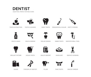 diş hekimi aynası, diş hekimi makas, diş hekimleri matkap Aracı, boş şırınga, sahte diş, dolgu, ağız yıkama, periodontal Scaler, parlak diş, diş temizliği gibi 20 siyah dolgulu vektör simgeleri seti.