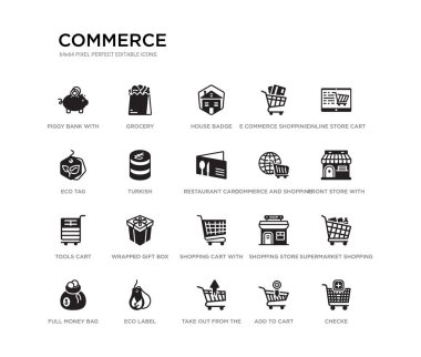 checke gibi 20 siyah dolu vektör simgeleri seti, süpermarket alışveriş sepeti, Awning ile ön mağaza, online mağaza sepeti, sepete eklemek, Eko etiketi dışarı almak, e ticaret alışveriş Aracı, ev