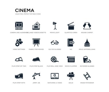 20 siyah dolu vektör simgeleri gibi görüntü fotogram, 3D kağıt gözlük, Turin Mole Antonelliana, yuvarlak halı, katı, bir tablet üzerinde bir video izlerken, video ayarları, slapstick açık, film seti