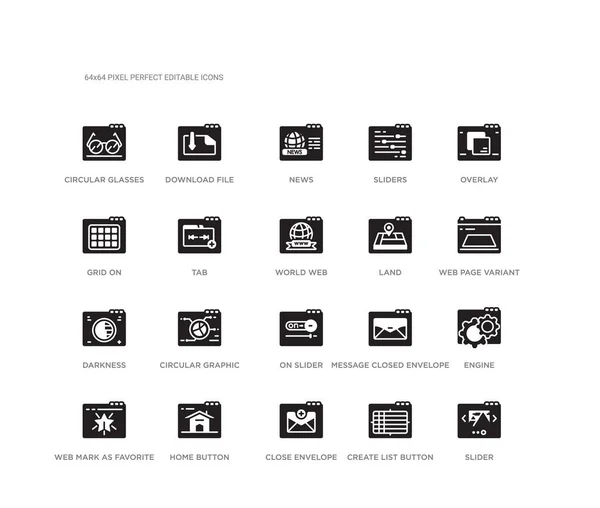 Uppsättning av 20 svart fyllda vektor ikoner som reglage, motor, webb sida variant, overlay, skapa lista knapp, nära kuvert, rutnät på, skjutreglage, nyheter, ladda ner filen. webb svart ikoner samling. Redigerbara — Stock vektor